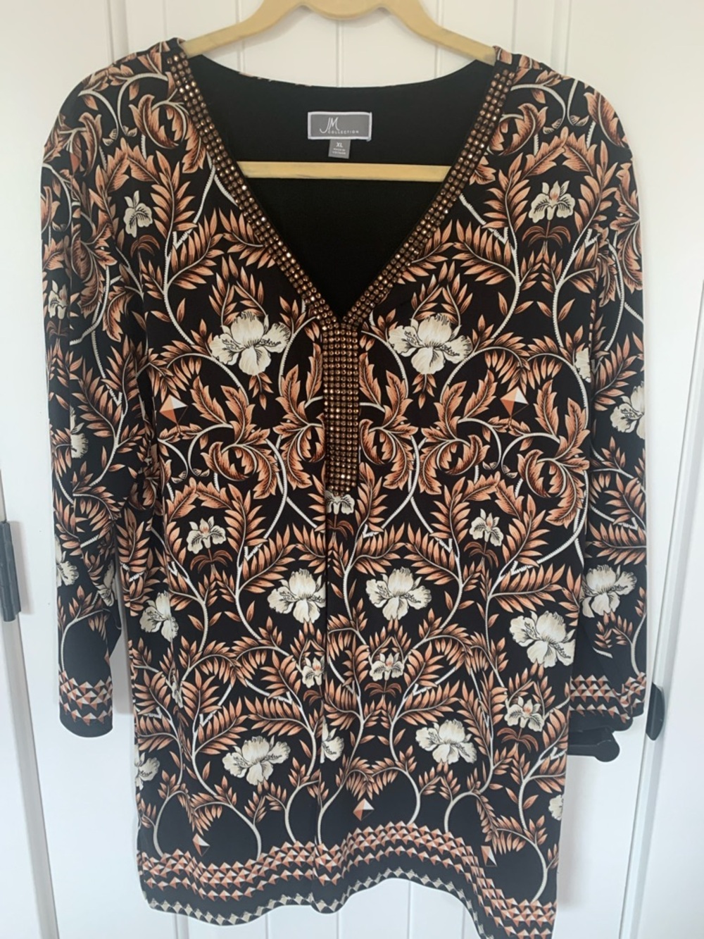 JM Collection Black Tunic with Copper and Cream Floral Design